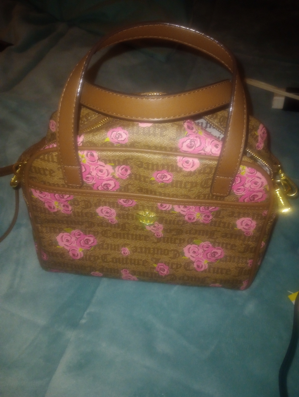 Juicy Couture Brown Satchel with Pink Rose Print